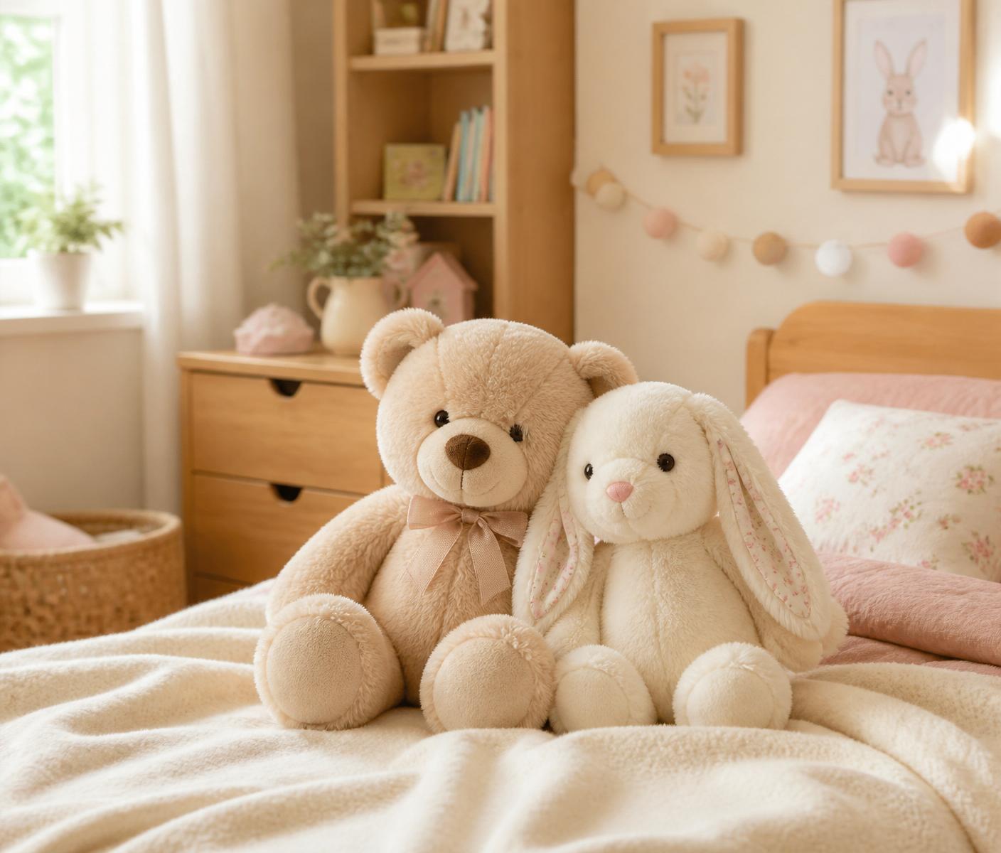 Two plush toys in a bright children's bedroom