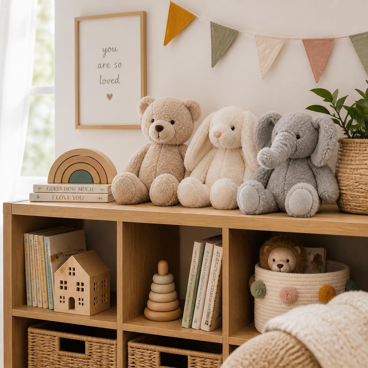 Plush toys on a nursery shelf